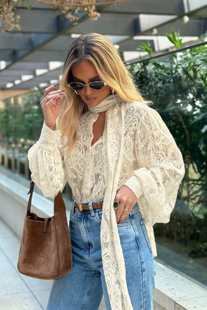 SOERA Dunja Sheer Lace Tie Blouse - Tops -  Beige M