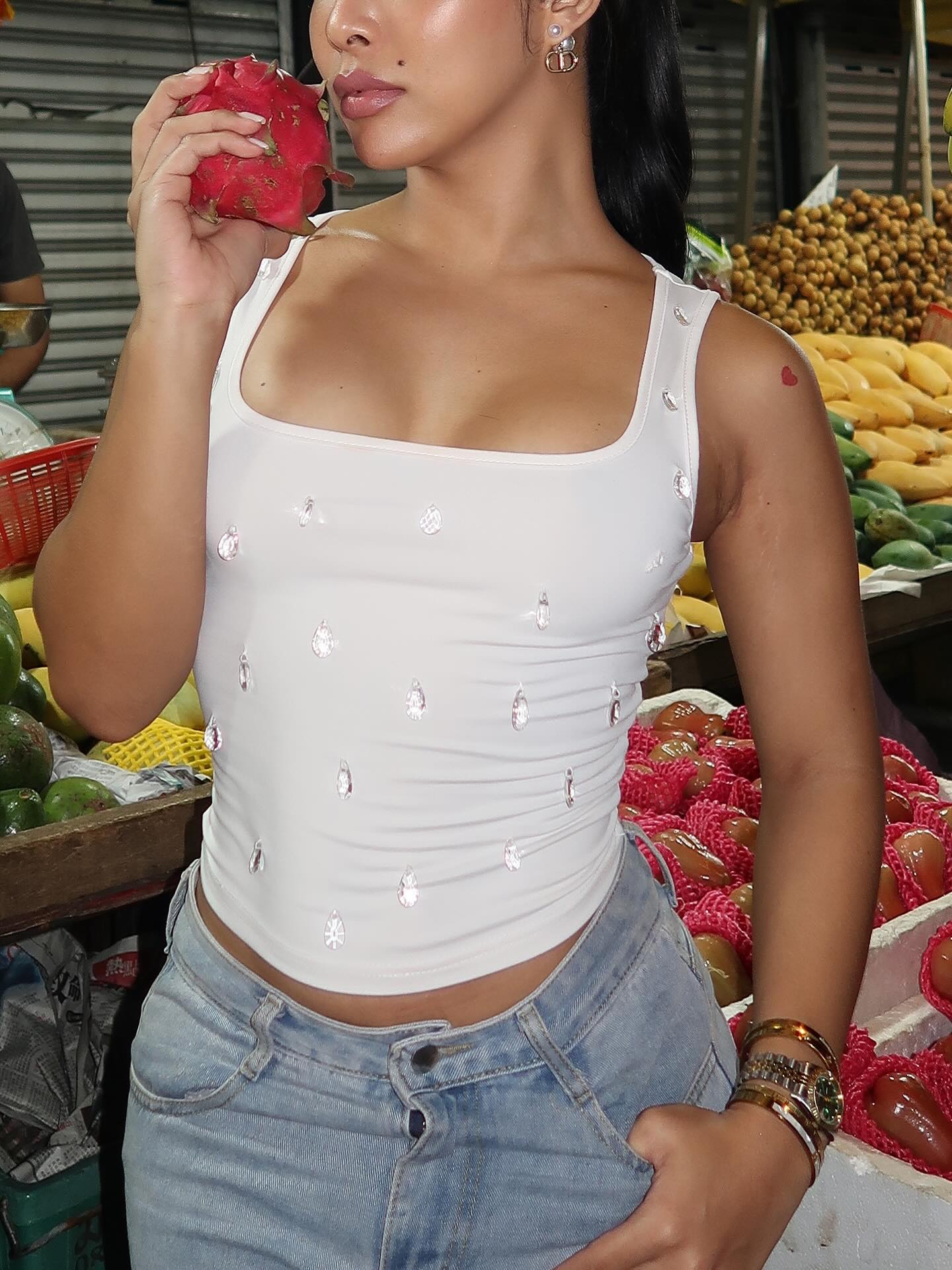 SOERA Hazel Sleeveless Top with Diamond Details - Tops -  White S