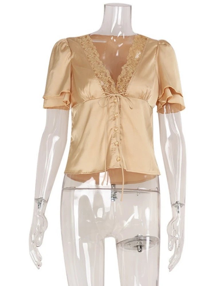 SOERA Nathalie Satin Lace Blouse - Tops -  Black M