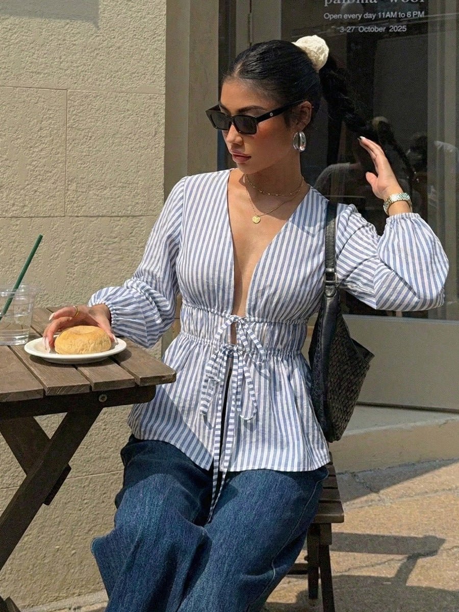 SOERA Yelena Striped Tie - Front Blouse - Tops -  Blue XL