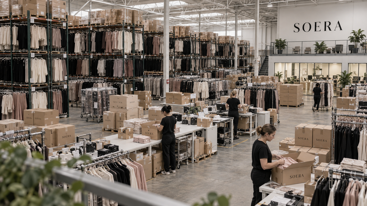AI-generated SOERA warehouse concept with a packing team, clothing racks, and SOERA-branded shipping cartons