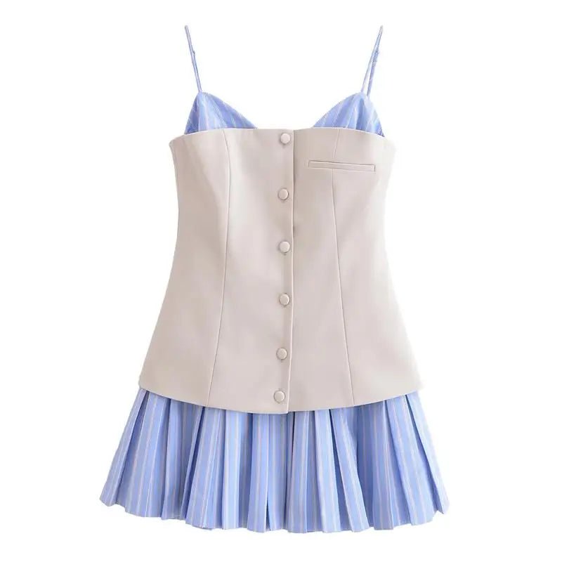 SOERA Trina Striped Pleated Corset Mini Dress - Dress - SOERA-657923-KHA-L-78371 Blue L