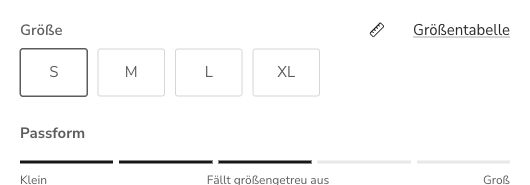 Produktseite des Sara Tops: Größentabelle steht neben den Größen S, M, L und XL.